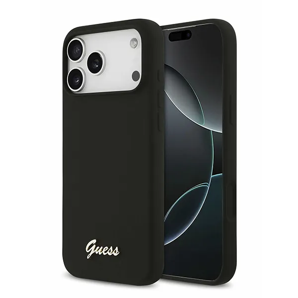 Guess для iPhone 17 Pro чехол Liquid silicone Gold metal logo & Camera Hard Black (MagSafe)
